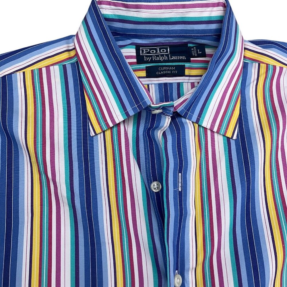 Polo Ralph Lauren Shirt Men Large Blue Yellow Rainbow Stripe Curham Cotton‎